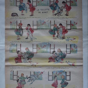 May include: A vintage illustrated children's book page depicting a series of steps for dressing a cat. The text reads "La Toilette de Minet" which translates to "The Cat's Toilet".