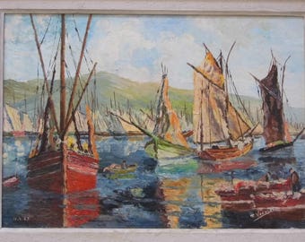 Huile marine. Panneau de bois. Au couteau. Signée et datée. 1969. Collection. Vintage. Le port. Bateau à voiles. Pêcheurs