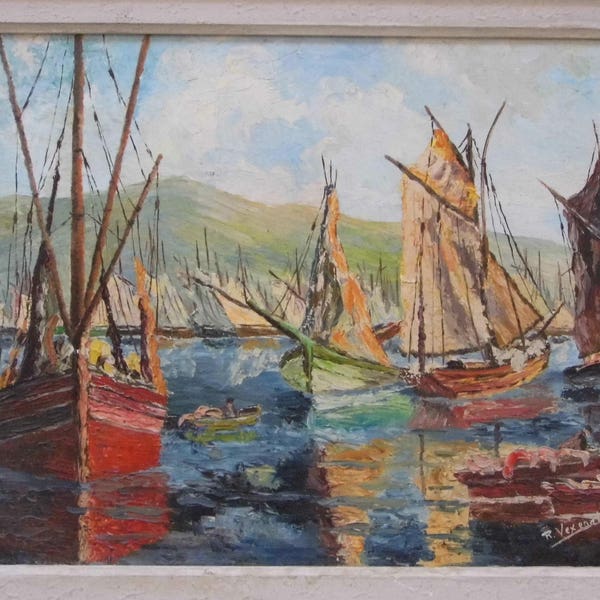 Huile marine. Panneau de bois. Au couteau. Signée et datée. 1969. Collection. Vintage. Le port. Bateau à voiles. Pêcheurs