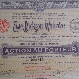 Azione a chi lo indossa. Dickson Walrave. Scripotilfa. Vecchie azioni e titoli. Collezione. Decorazione d'interni. Dai tempi della crisi del 1929. immagine 4