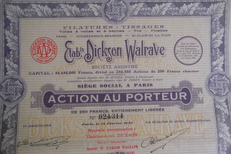 Azione a chi lo indossa. Dickson Walrave. Scripotilfa. Vecchie azioni e titoli. Collezione. Decorazione d'interni. Dai tempi della crisi del 1929. immagine 4