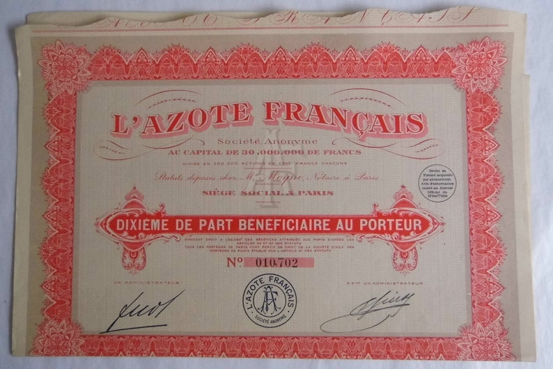 L/'Azote Français Dixième de Part Bénéficiare au Porteur Paris