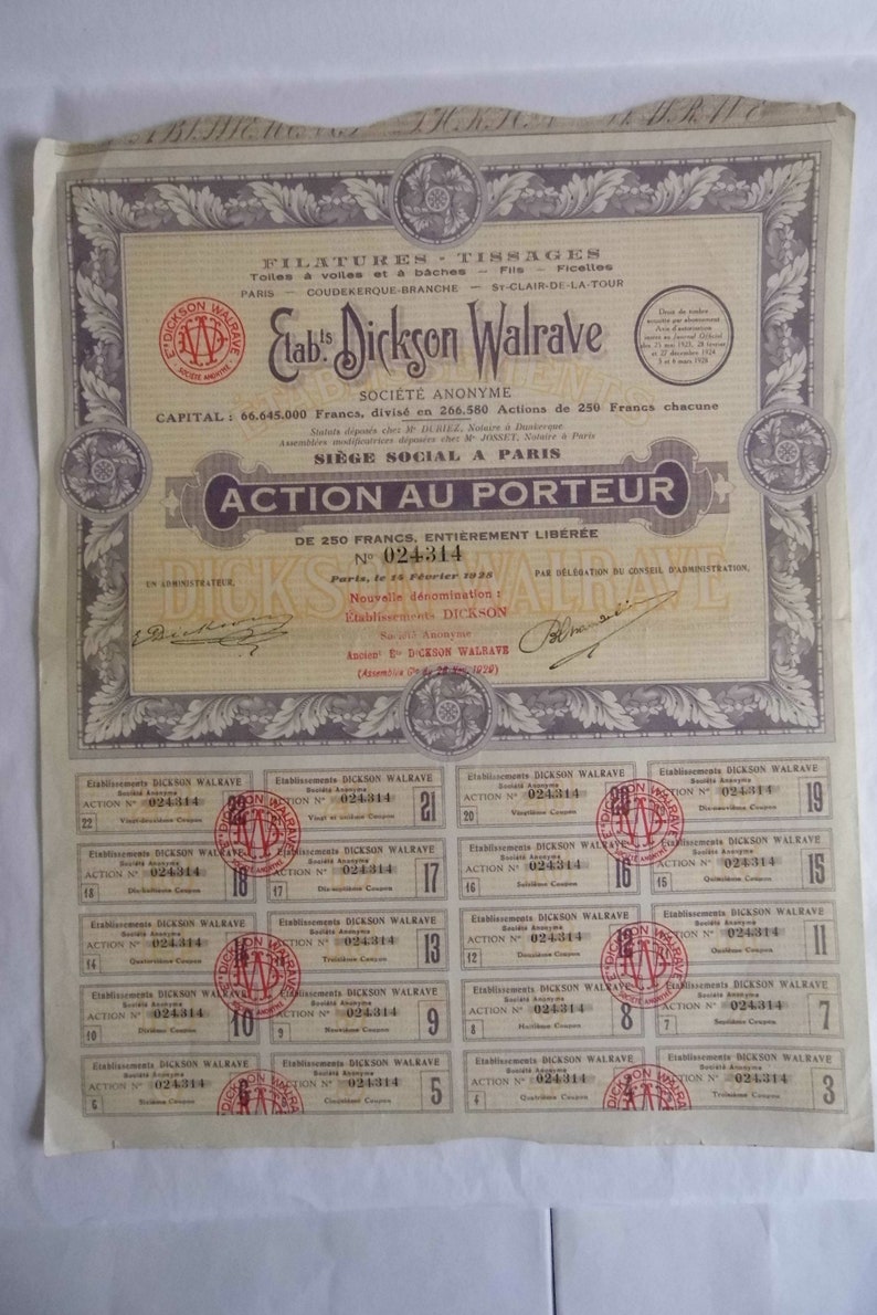 Azione a chi lo indossa. Dickson Walrave. Scripotilfa. Vecchie azioni e titoli. Collezione. Decorazione d'interni. Dai tempi della crisi del 1929. immagine 2