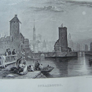 Engraving. Strasbourg. Alsace. France. Published by Furne in Paris. 19th century engraving. (1819 - 1859). Soft size. Etching. Rhine city