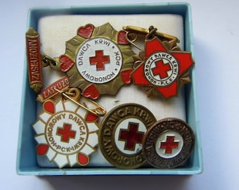 Red Cross. Badges. Poland. Vintage. 1960's. Honorowy Dawca Krwi. PCK. Volunteer blood donor. enamelled. Medal. communist era.