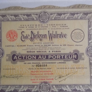 Action to the wearer. Dickson Walrave. Scripophilia. Old shares and securities. Collection. Interior decoration. From the time of the 1929 crisis.