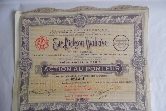 Action au porteur. Dickson Walrave. Scripophilie. Actions et titres anciens. Collection. Décoration intérieur. De l'époque de la crise 1929.