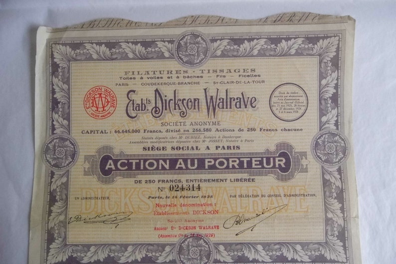 Azione a chi lo indossa. Dickson Walrave. Scripotilfa. Vecchie azioni e titoli. Collezione. Decorazione d'interni. Dai tempi della crisi del 1929. immagine 1