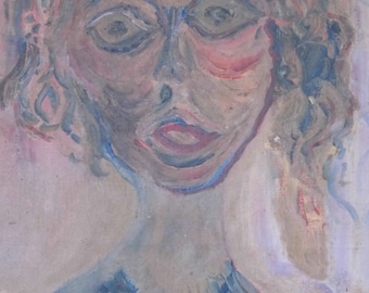 May include: A painting of a person with brown hair and a blue shirt. The person's face is painted in a realistic style with a focus on the eyes and mouth.