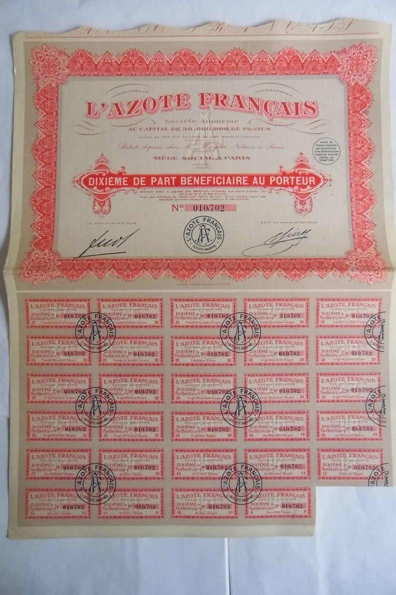 L/'Azote Français Dixième de Part Bénéficiare au Porteur Paris