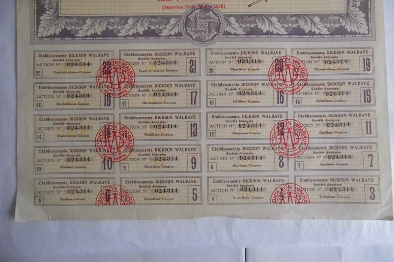 Azione a chi lo indossa. Dickson Walrave. Scripotilfa. Vecchie azioni e titoli. Collezione. Decorazione d'interni. Dai tempi della crisi del 1929. immagine 3