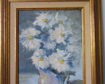 Oil on panel. Still life of flowers. Framed and signed. Croze, painter. Oil on hardboard panel