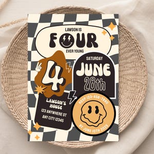 Editable Groovy 4th Birthday Invitation - Retro Checkered Four Ever Young Party Invite - Instant Download