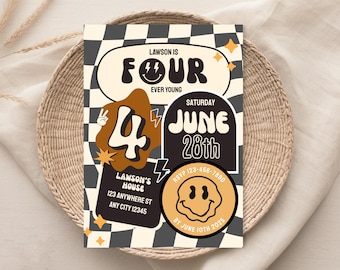 Editable Groovy 4th Birthday Invitation - Retro Checkered Four Ever Young Party Invite - Instant Download