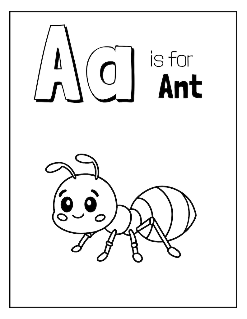 May include: Black and white illustration of the letter A and the word "Ant". A cartoon ant with big eyes and a smile is below the letter.