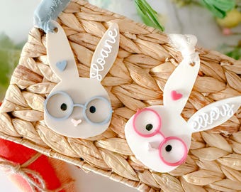 Personalized Bunny Glasses Easter Name Tag – Custom Acrylic Name Tag for Baskets – Blue or Pink