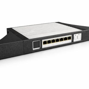 Può includere: Uno switch di rete nero con otto porte Ethernet e un pannello superiore bianco. Il dispositivo ha una forma rettangolare con staffe di montaggio su ciascun lato. Le porte sono color oro e il dispositivo è progettato per il montaggio su rack.