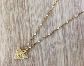 LILI Fancy Necklace - Triangle and Zircon Pendant - White Pearl Fine Chain in Stainless Steel - Handmade