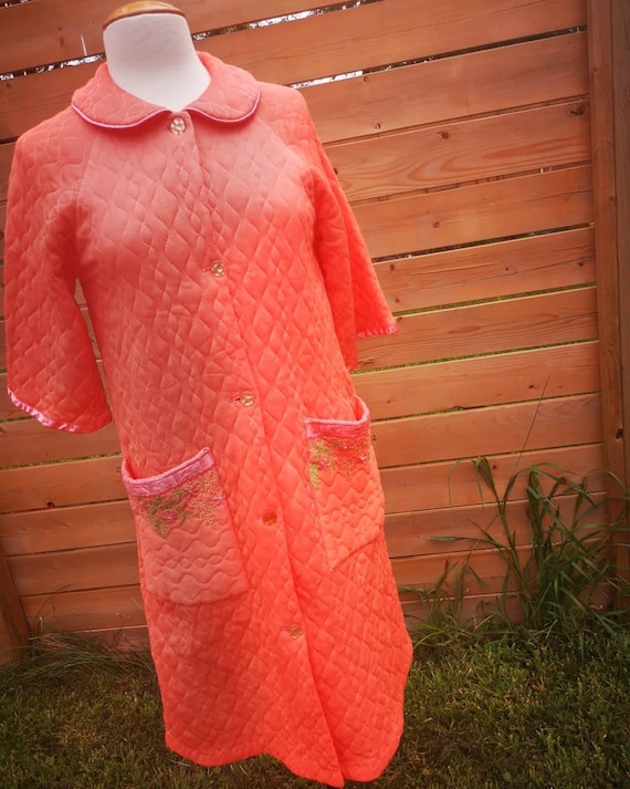 1960's embroidered quilted housecoat robe orange