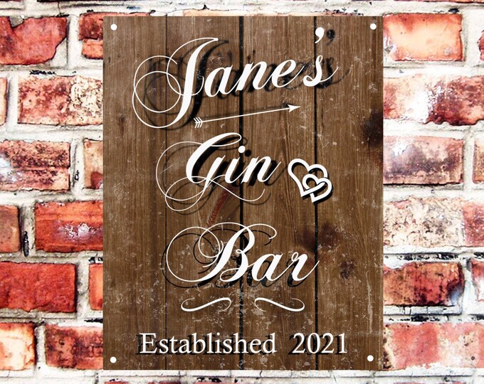 Home bar sign personalised gin plaque any name and date weather proof pre drilled great gift birthday xmas high gloss gin heart