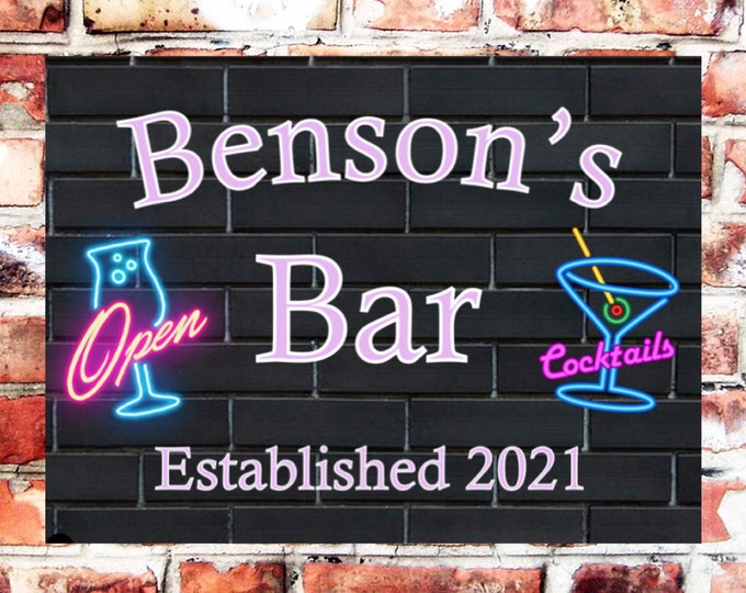 Bar sign personalised plaque any name and date weather proof pre drilled great gift birthday xmas high gloss cocktail open