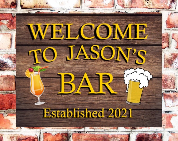 Pub bar sign personalised plaque any name and date weather proof pre drilled great gift birthday xmas high gloss
