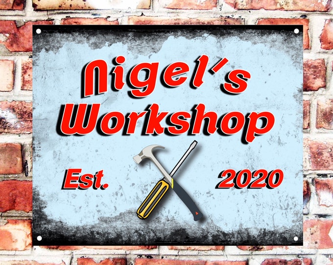 Personalised workshop wall sign weather proof pre drilled great gift birthday xmas high gloss car bike garage sign