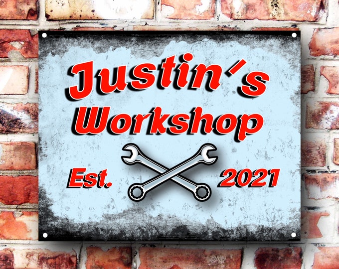 Personalised workshop wall sign weather proof pre drilled great gift birthday xmas high gloss car bike garage sign