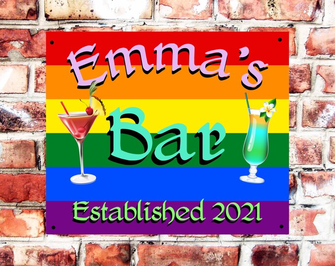 Pub bar sign personalised plaque any name and date weather proof pre drilled great gift birthday xmas high gloss lager gay pride cocktail