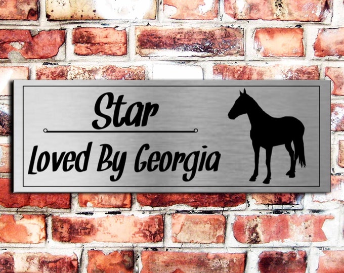 Brushed silver personalised horse stable sign  plaque   x 3 sizes aluminium strong double sided sticky pads easy fit stables horse box