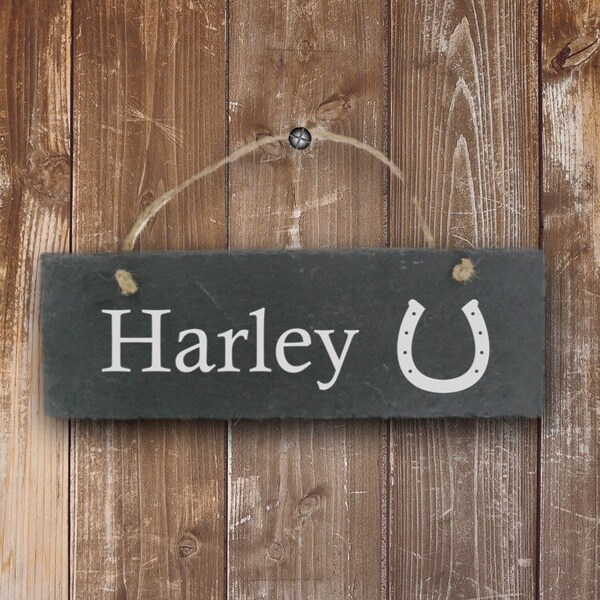 Personalised horse name slate sign plaque pre drilled with cord ready to hang great gift birthday xmas laser engraved stables