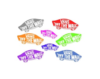 Może przedstawiać: Kolekcja ośmiu logotypów Vans "Off The Wall" w różnych kolorach, w tym szary, czerwony, pomarańczowy, zielony, fioletowy, niebieski i różowy.