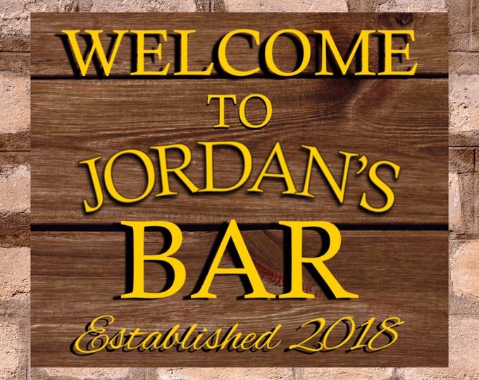 Bar sign personalised plaque any name and date weather proof pre drilled great gift birthday xmas high gloss gin