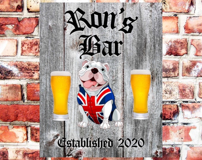 Bar sign personalised plaque any name and date weather proof pre drilled great gift birthday xmas high gloss bulldog