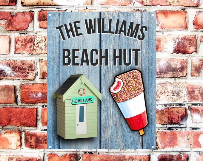 Beach hut sign personalised plaque any name and date weather proof pre drilled great gift birthday xmas high gloss