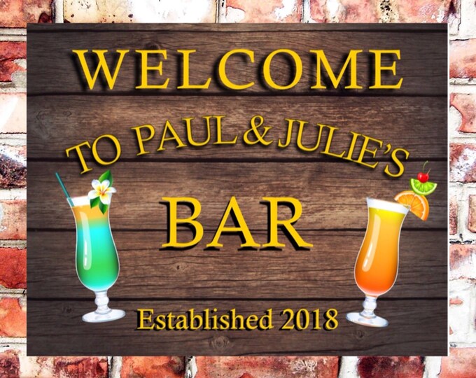 Bar sign personalised plaque any name and date weather proof pre drilled great gift birthday xmas high gloss Cocktail