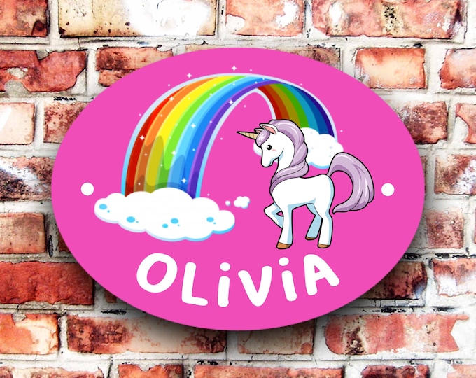 Unicorn rainbow playhouse sign plaque any name weather proof pre drilled great gift birthday xmas high gloss pink
