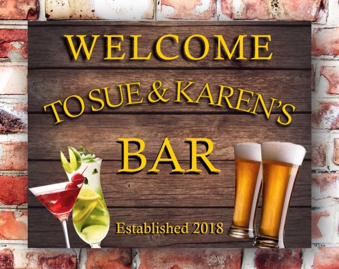 Bar sign personalised plaque any name and date weather proof pre drilled great gift birthday xmas high gloss cocktail beer