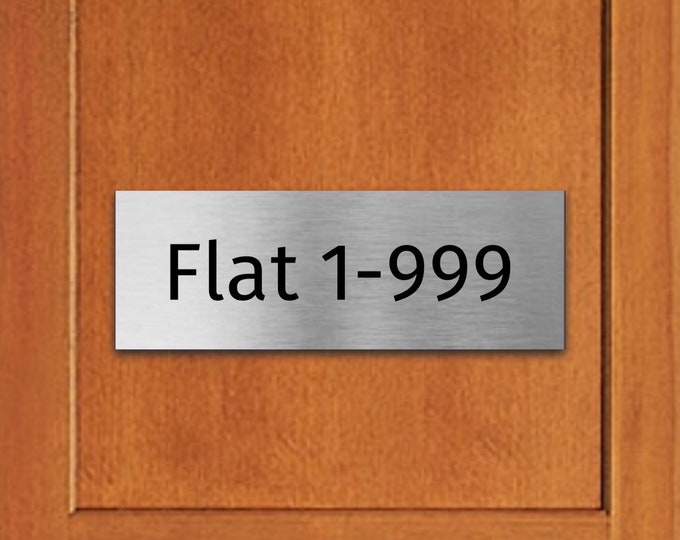 Brushed silver door plaque personalised x 3 sizes office school aluminium strong double sided sticky pads easy to fit any text parking flat