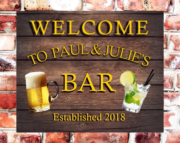 Bar sign personalised plaque any name and date weather proof pre drilled great gift birthday xmas high gloss beer gin