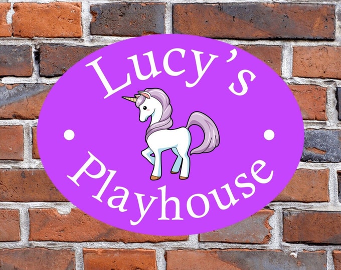 Unicorn playhouse sign plaque any name weather proof pre drilled great gift birthday xmas high gloss pink