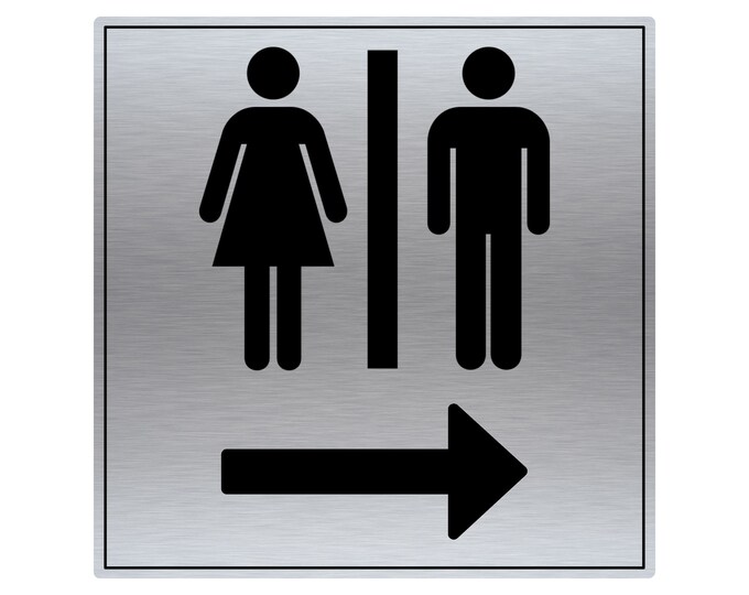 Unisex toilet arrow pointing right sign aluminium strong double sided sticky pads easy to fit gate wall door hotel school office
