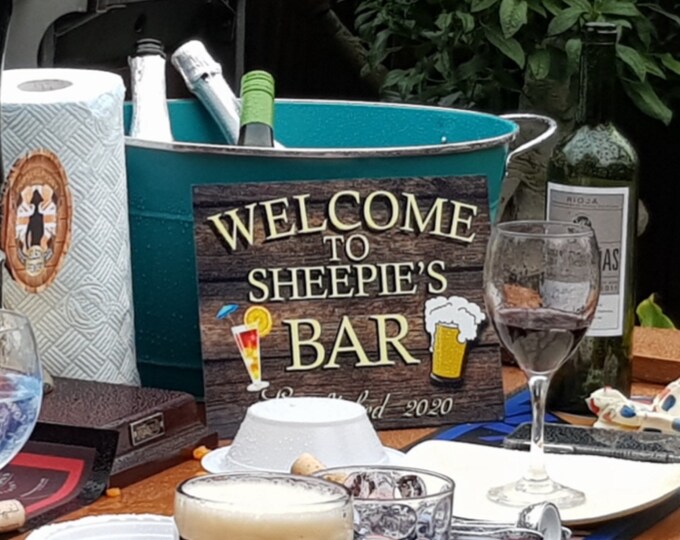 Bar sign personalised plaque any name and date weather proof pre drilled great gift birthday xmas high gloss bar signage