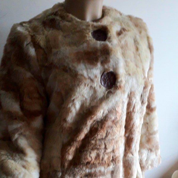 VINTAGE 1950S STYLE faux fur coat creams and browns UK 12