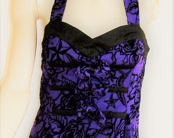 1950S Style halter neck RETRO PURPLE and BLACK velvet dress uk size 14 rockabilly