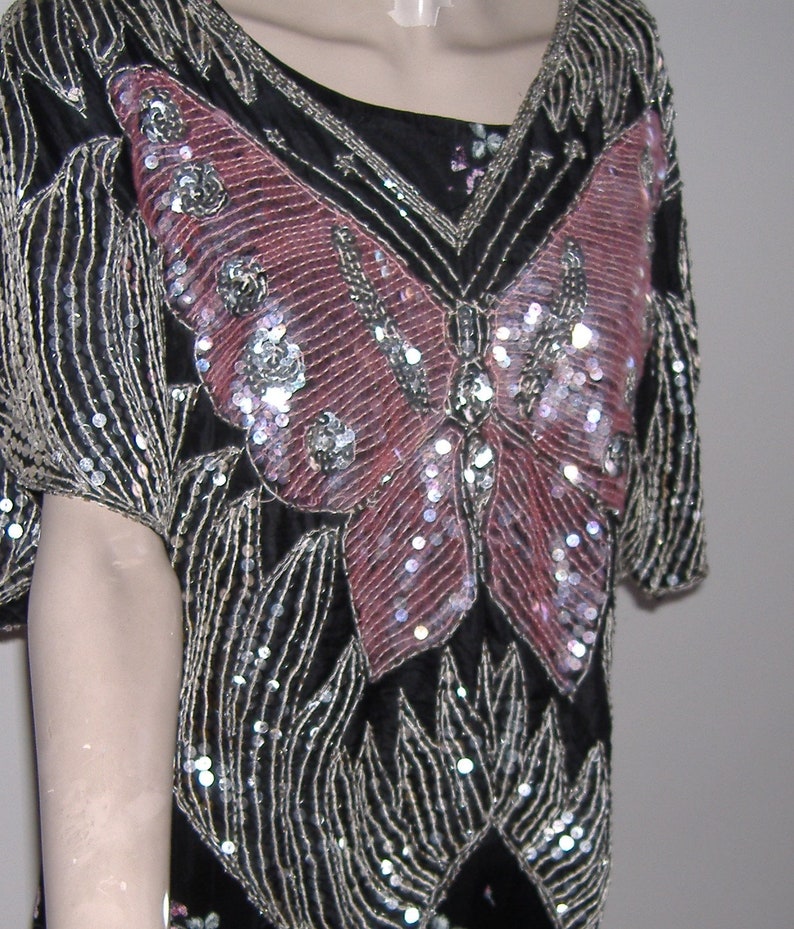 GREAT GATSBY Style BUTTERFLY silk sequinned top freesize uk size 14