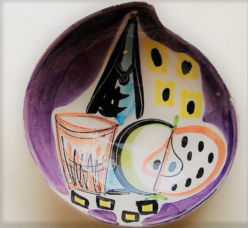 1950S ABSTRACT ceramic ITALIAN hand painted small dishteabag holder