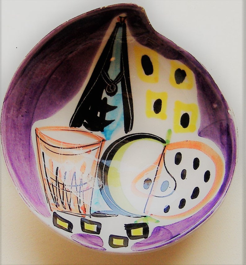 1950S ABSTRACT ceramic ITALIAN hand painted small dishteabag holder