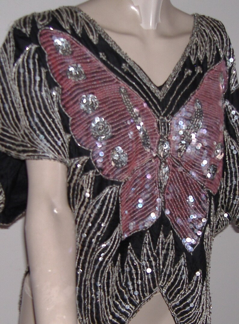 GREAT GATSBY Style BUTTERFLY silk sequinned top freesize uk size 14