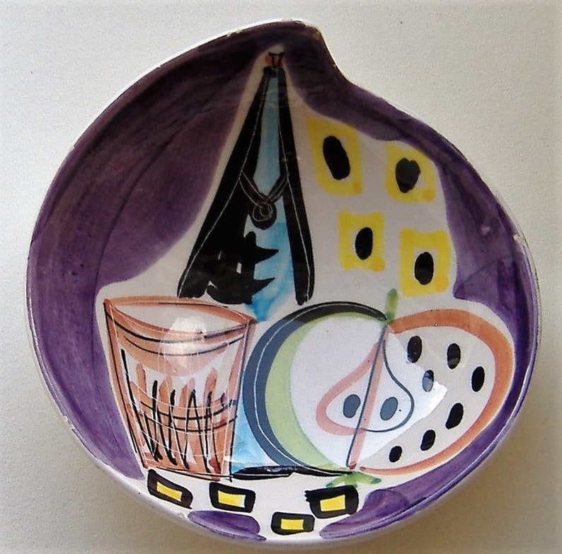 1950S ABSTRACT ceramic ITALIAN hand painted small dishteabag holder